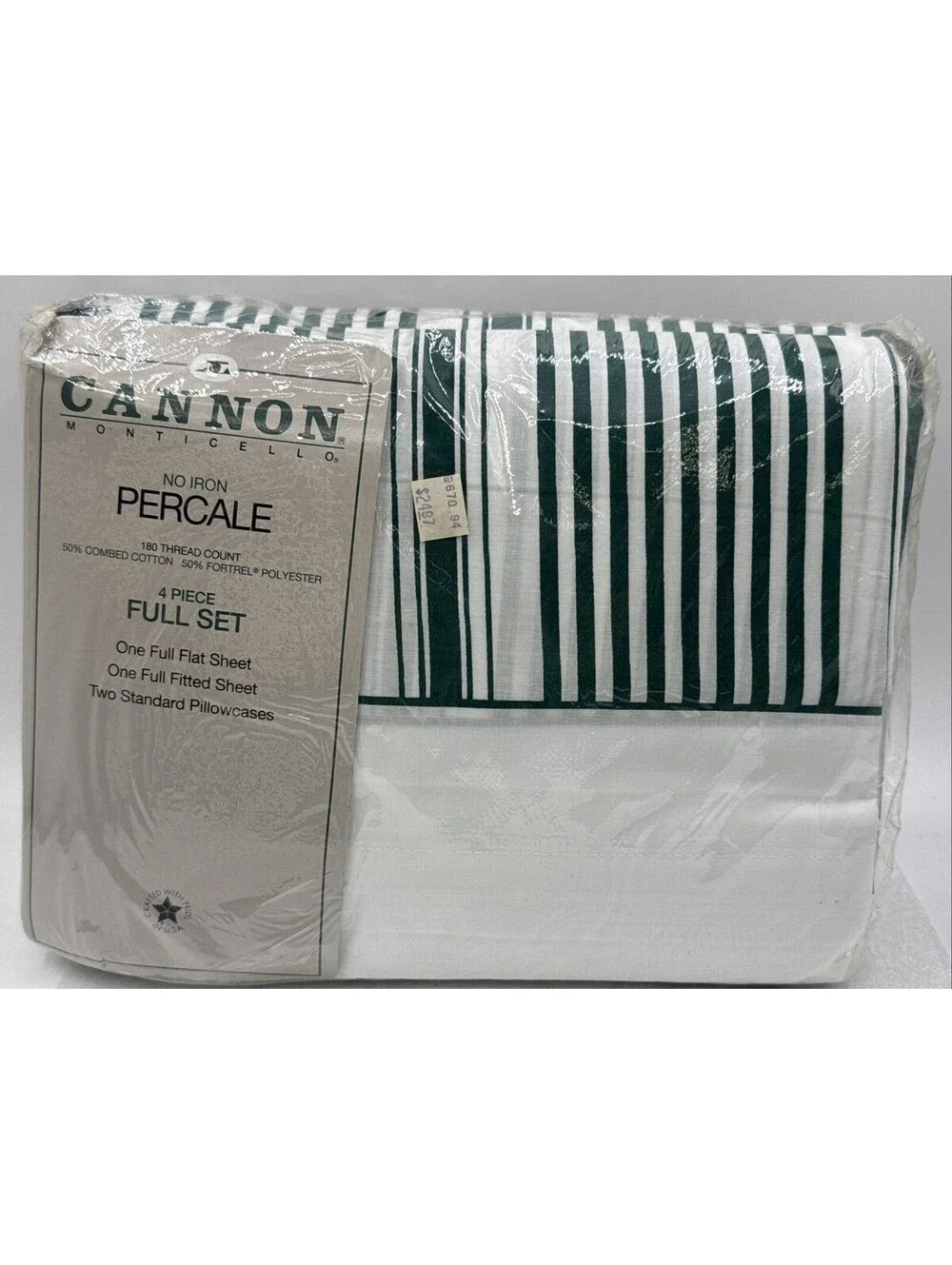 Vintage Cannon Monticello Green White Stripes No Iron Percale 4pc Full Sheet Set